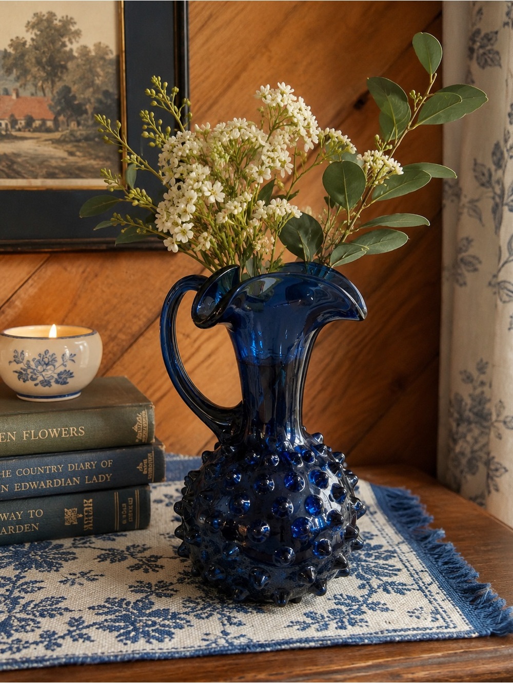 Handblown Navy Blue Hobnail Glass Pitcher Vase - Decorative Home Accent
